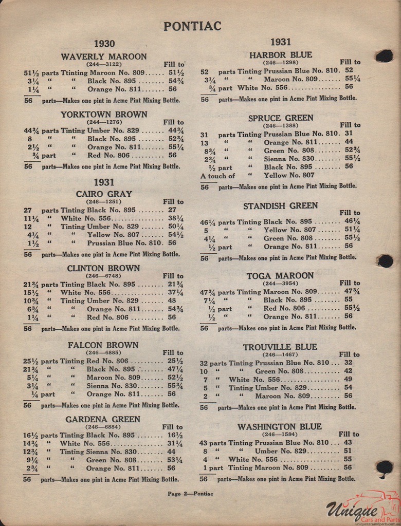 1930 Pontiac Paint Charts Acme 2